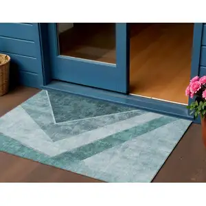 Photo of Teal Blue Aqua And Blue Geometric Washable Indoor Outdoor Area Rug