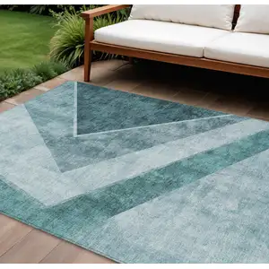 Photo of Teal Blue Aqua And Blue Geometric Washable Indoor Outdoor Area Rug