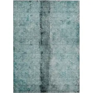 Photo of Teal Blue Aqua And Charcoal Abstract Washable Indoor Outdoor Area Rug