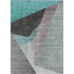 Photo of Teal Blue Aqua And Charcoal Abstract Washable Indoor Outdoor Area Rug