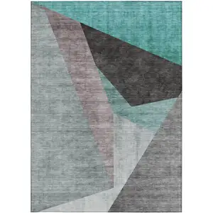 Photo of Teal Blue Aqua And Charcoal Abstract Washable Indoor Outdoor Area Rug