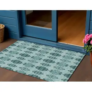 Photo of Teal Blue Aqua And Charcoal Moroccan Washable Indoor Outdoor Area Rug