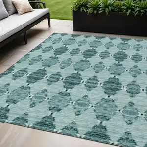 Photo of Teal Blue Aqua And Charcoal Moroccan Washable Indoor Outdoor Area Rug