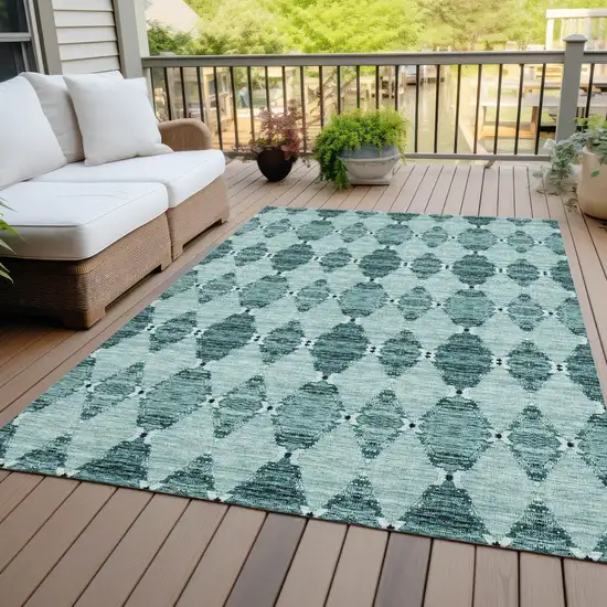 Teal Blue Aqua And Charcoal Moroccan Washable Indoor Outdoor Area Rug Photo 5