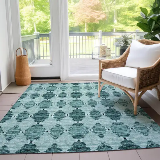 Teal Blue Aqua And Charcoal Moroccan Washable Indoor Outdoor Area Rug Photo 7