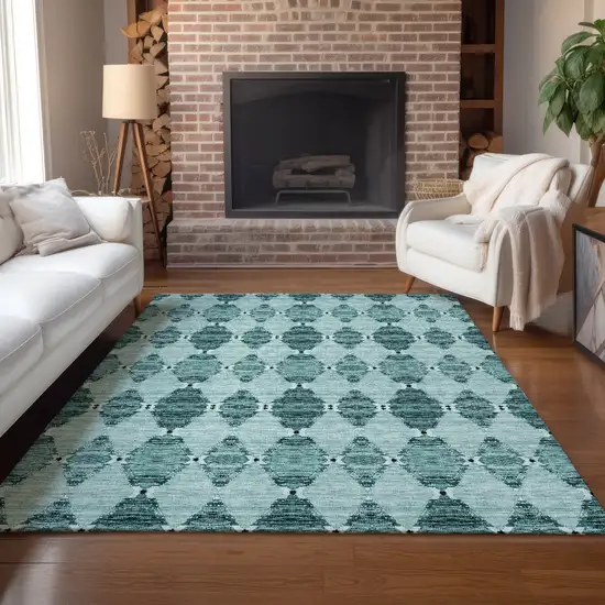 Teal Blue Aqua And Charcoal Moroccan Washable Indoor Outdoor Area Rug Photo 6