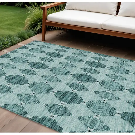 Teal Blue Aqua And Charcoal Moroccan Washable Indoor Outdoor Area Rug Photo 1