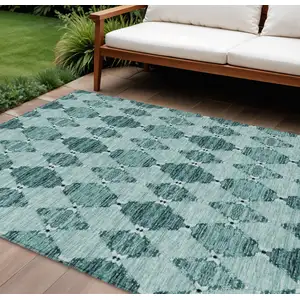 Photo of Teal Blue Aqua And Charcoal Moroccan Washable Indoor Outdoor Area Rug