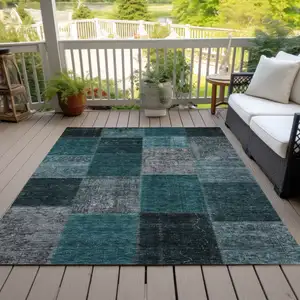 Photo of Teal Blue Aqua And Charcoal Patchwork Washable Indoor Outdoor Area Rug