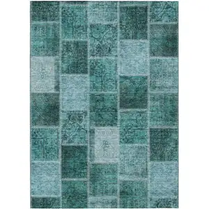 Photo of Teal Blue Aqua And Charcoal Patchwork Washable Indoor Outdoor Area Rug