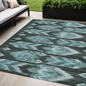 Photo of Teal Blue Aqua And Charcoal Southwestern Washable Indoor Outdoor Area Rug