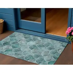 Photo of Teal Blue Aqua And Gray Abstract Washable Indoor Outdoor Area Rug