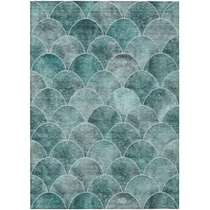 Photo of Teal Blue Aqua And Gray Abstract Washable Indoor Outdoor Area Rug