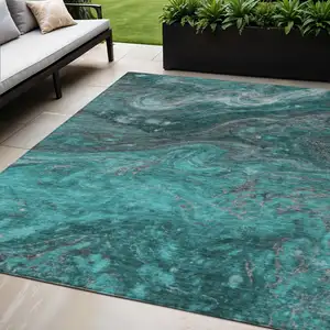 Photo of Teal Blue Aqua And Gray Abstract Washable Indoor Outdoor Area Rug