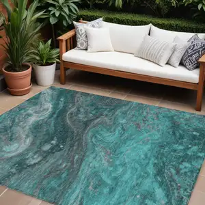 Photo of Teal Blue Aqua And Gray Abstract Washable Indoor Outdoor Area Rug