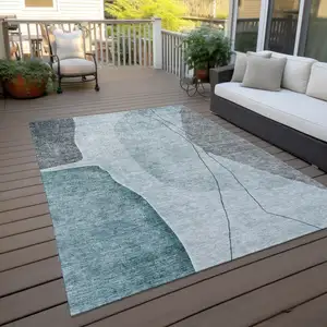 Photo of Teal Blue Aqua And Gray Abstract Washable Indoor Outdoor Area Rug