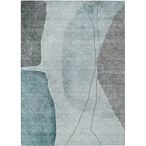 Photo of Teal Blue Aqua And Gray Abstract Washable Indoor Outdoor Area Rug