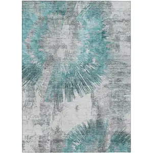 Photo of Teal Blue Aqua And Gray Abstract Washable Indoor Outdoor Area Rug