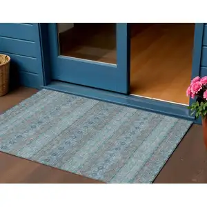 Photo of Teal Blue Aqua And Gray Floral Medallion Washable Indoor Outdoor Area Rug