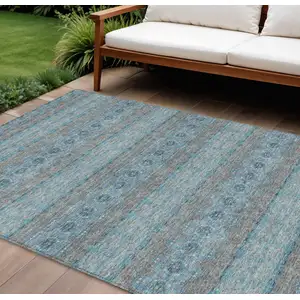 Photo of Teal Blue Aqua And Gray Floral Medallion Washable Indoor Outdoor Area Rug