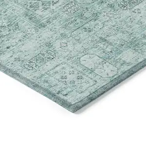 Photo of Teal Blue Aqua And Gray Floral Washable Indoor Outdoor Area Rug