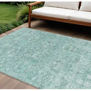 Photo of Teal Blue Aqua And Gray Floral Washable Indoor Outdoor Area Rug