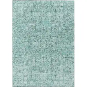 Photo of Teal Blue Aqua And Gray Floral Washable Indoor Outdoor Area Rug