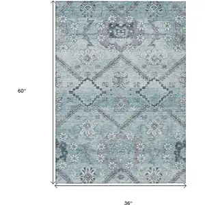 Photo of Teal Blue Aqua And Gray Floral Washable Indoor Outdoor Area Rug