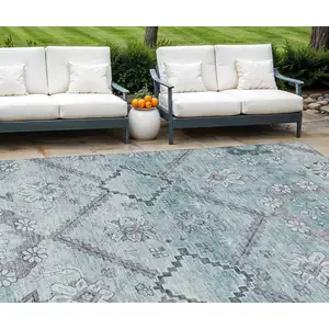 Photo of Teal Blue Aqua And Gray Floral Washable Indoor Outdoor Area Rug