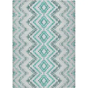 Photo of Teal Blue Aqua And Gray Geometric Washable Indoor Outdoor Area Rug