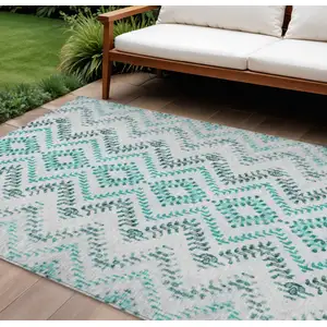 Photo of Teal Blue Aqua And Gray Geometric Washable Indoor Outdoor Area Rug