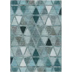 Photo of Teal Blue Aqua And Gray Geometric Washable Indoor Outdoor Area Rug