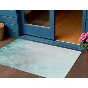 Photo of Teal Blue Aqua And Gray Ombre Washable Indoor Outdoor Area Rug