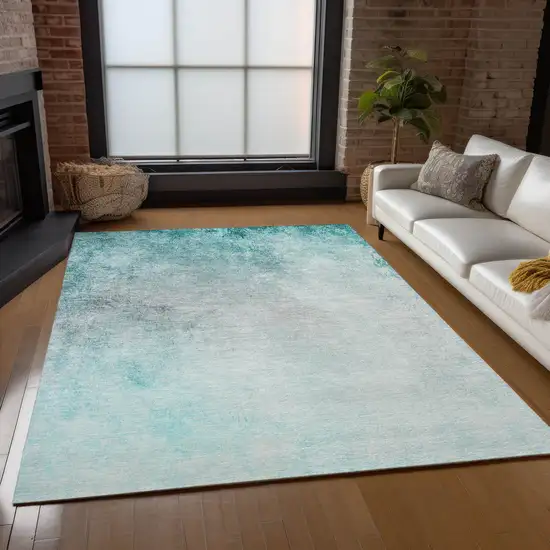 Teal Blue Aqua And Gray Ombre Washable Indoor Outdoor Area Rug Photo 9