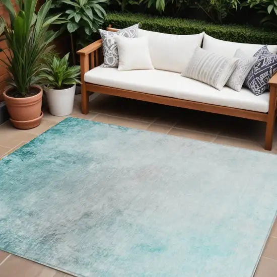 Teal Blue Aqua And Gray Ombre Washable Indoor Outdoor Area Rug Photo 1