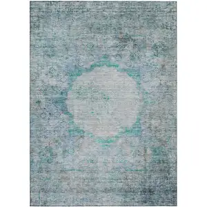 Photo of Teal Blue Aqua And Gray Oriental Washable Indoor Outdoor Area Rug