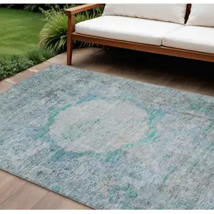 Photo of Teal Blue Aqua And Gray Oriental Washable Indoor Outdoor Area Rug