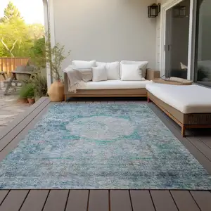 Photo of Teal Blue Aqua And Gray Oriental Washable Indoor Outdoor Area Rug