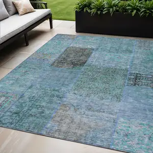 Photo of Teal Blue Aqua And Gray Patchwork Washable Indoor Outdoor Area Rug