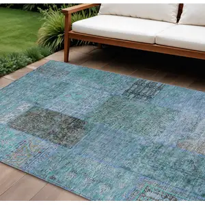 Photo of Teal Blue Aqua And Gray Patchwork Washable Indoor Outdoor Area Rug