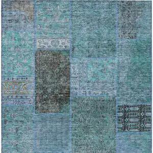 Photo of Teal Blue Aqua And Gray Patchwork Washable Indoor Outdoor Area Rug