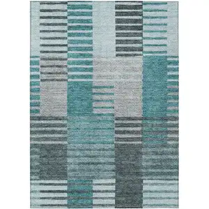 Photo of Teal Blue Aqua And Gray Striped Washable Indoor Outdoor Area Rug