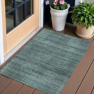 Photo of Teal Blue Aqua And Gray Striped Washable Indoor Outdoor Area Rug