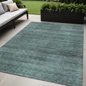 Photo of Teal Blue Aqua And Gray Striped Washable Indoor Outdoor Area Rug