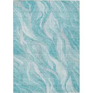 Photo of Teal Blue Aqua And Ivory Abstract Washable Indoor Outdoor Area Rug