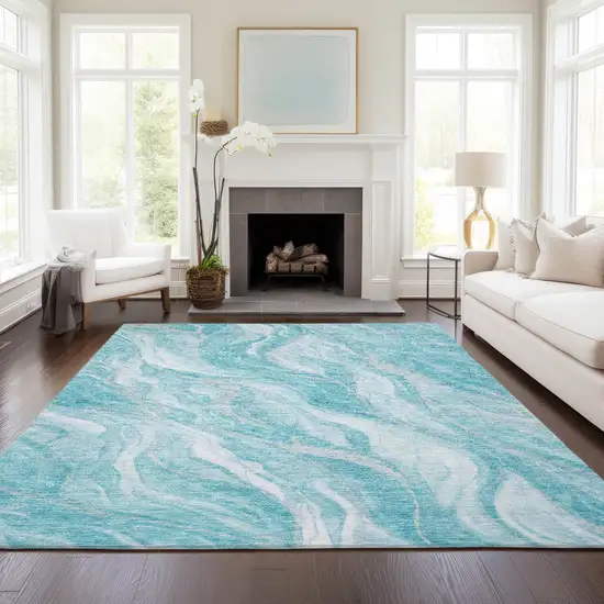 Teal Blue Aqua And Ivory Abstract Washable Indoor Outdoor Area Rug Photo 7