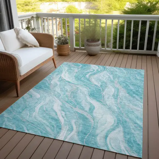 Teal Blue Aqua And Ivory Abstract Washable Indoor Outdoor Area Rug Photo 6