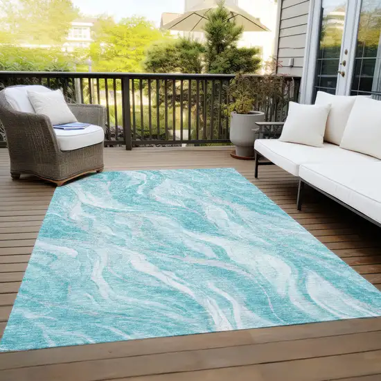 Teal Blue Aqua And Ivory Abstract Washable Indoor Outdoor Area Rug Photo 9