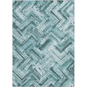 Photo of Teal Blue Aqua And Ivory Geometric Washable Indoor Outdoor Area Rug