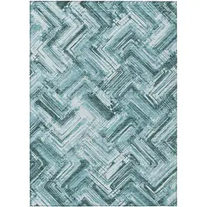 Photo of Teal Blue Aqua And Ivory Geometric Washable Indoor Outdoor Area Rug